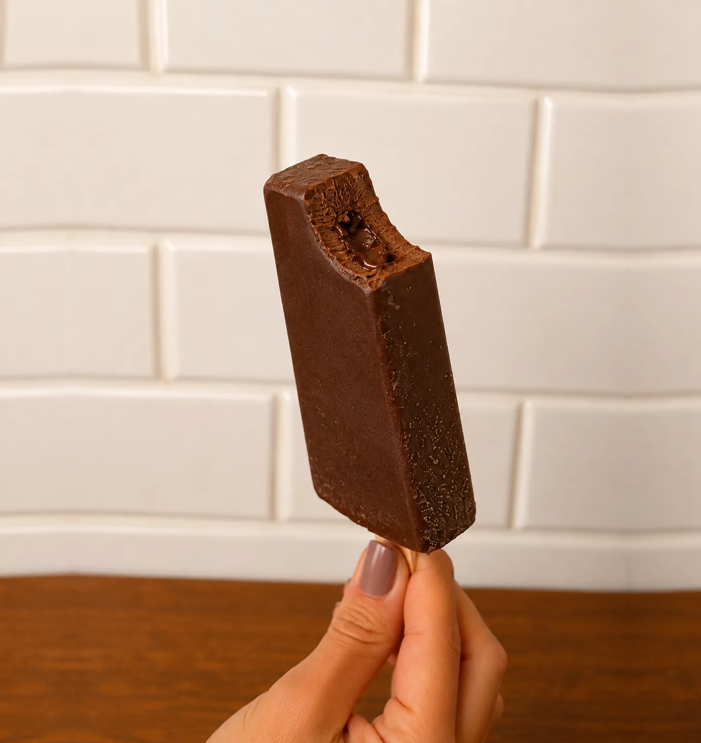 Paleta de chocolate mordida, com recheio cremoso, segurada na mão