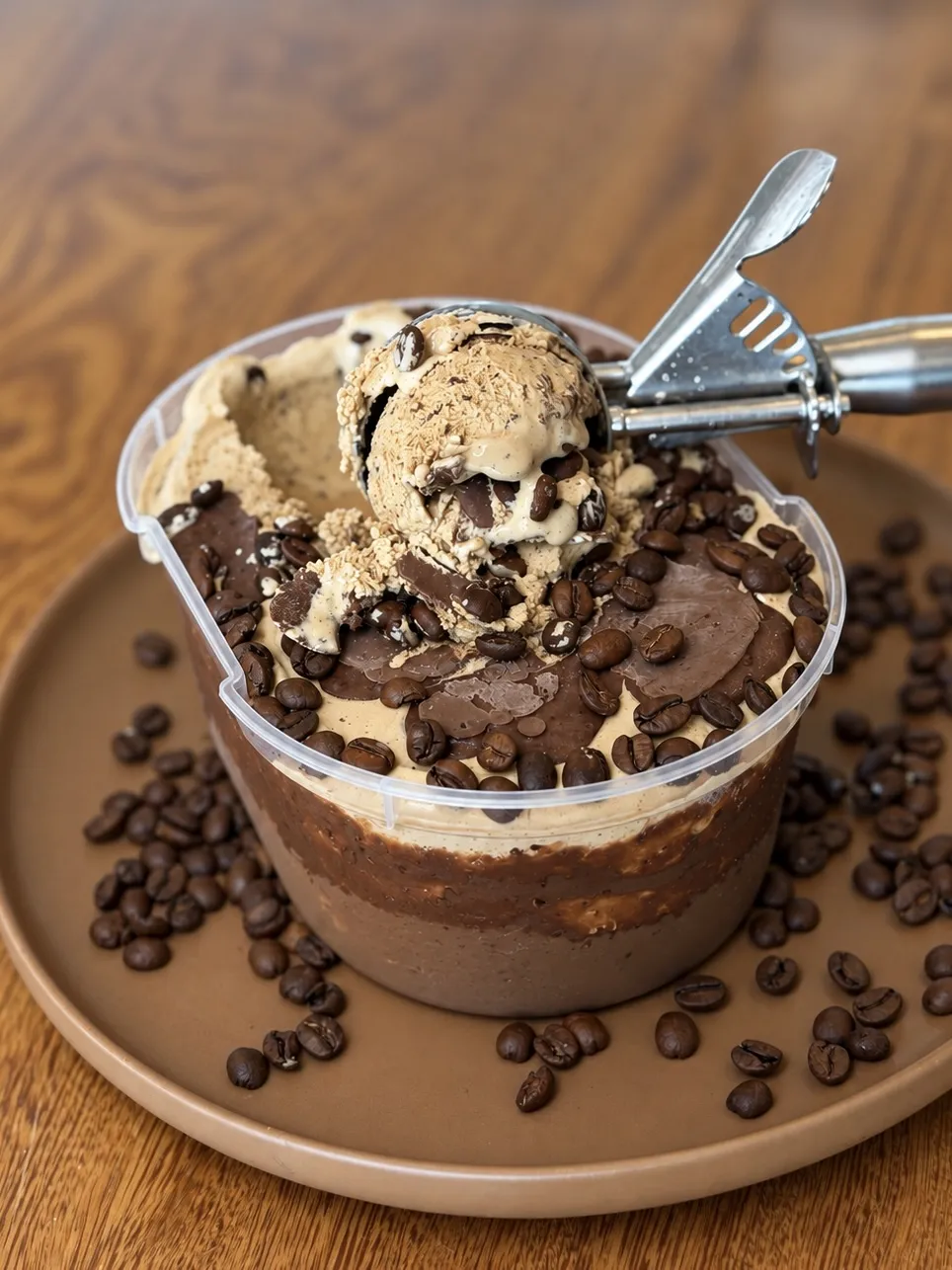 Pote de gelato de café com chocolate e grãos de café